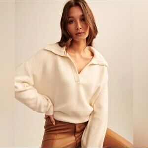Abercrombie & Fitch Women's Notch V Neck Ribbed Sweater Cream Size XL Boho City